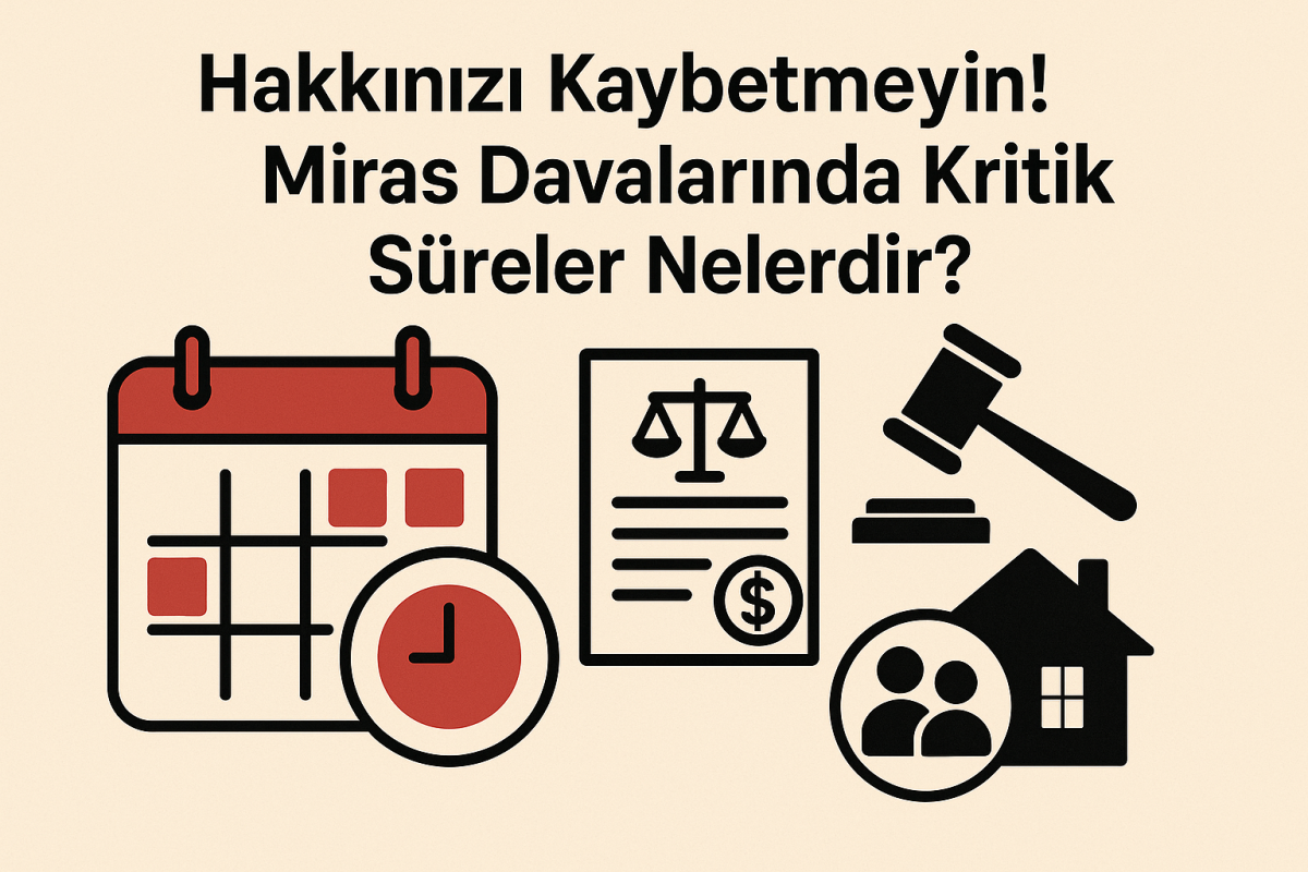 Miras hukukuna dair dava sürelerini anlatan takvim ve mahkeme temalı infografik